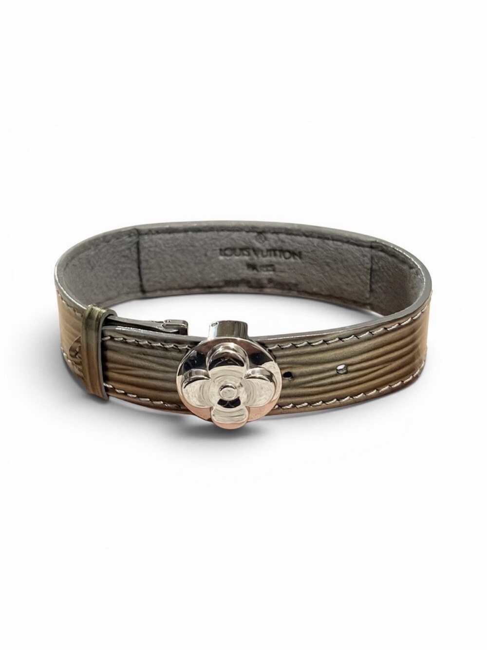 Louis Vuitton Olive Vernis Leather Silver Push-Lock Bracelet Adjustable